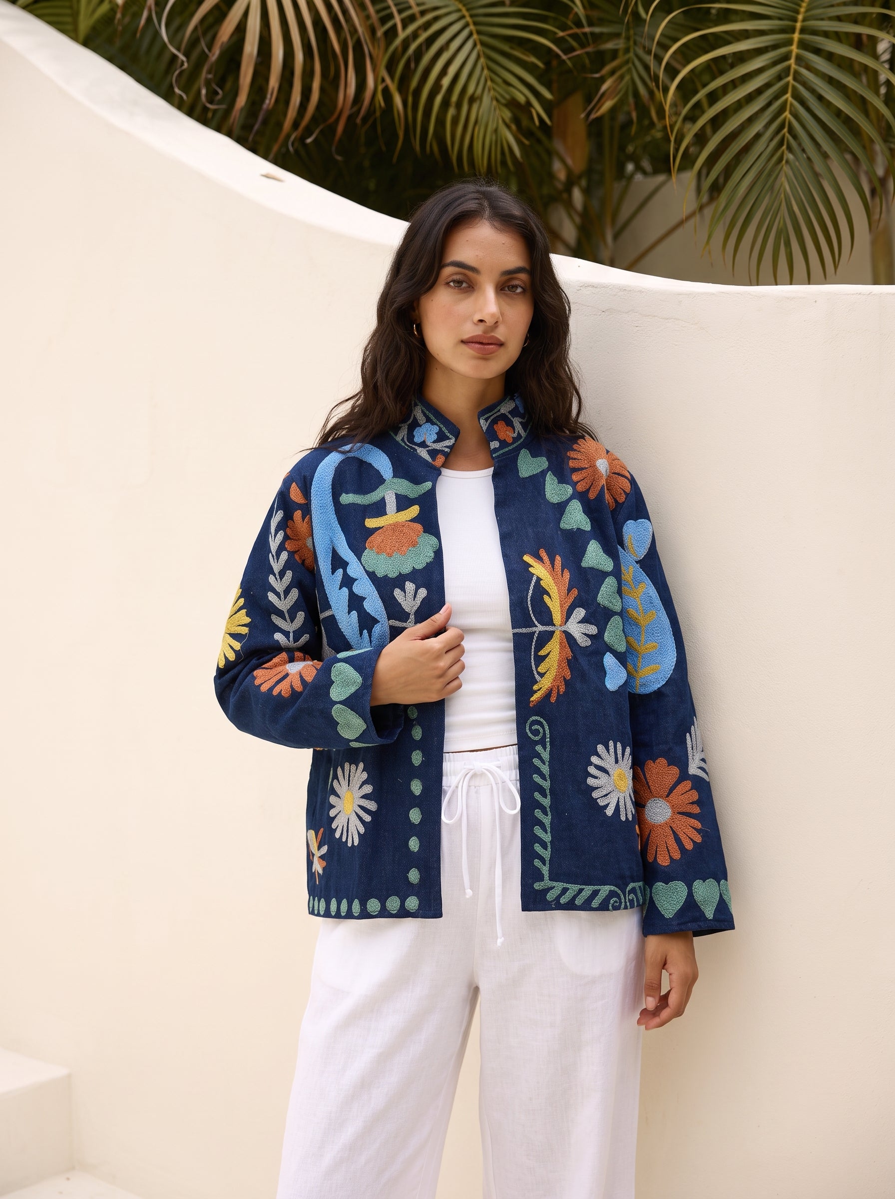 Indigo Wildflower Embroidered Denim Jacket