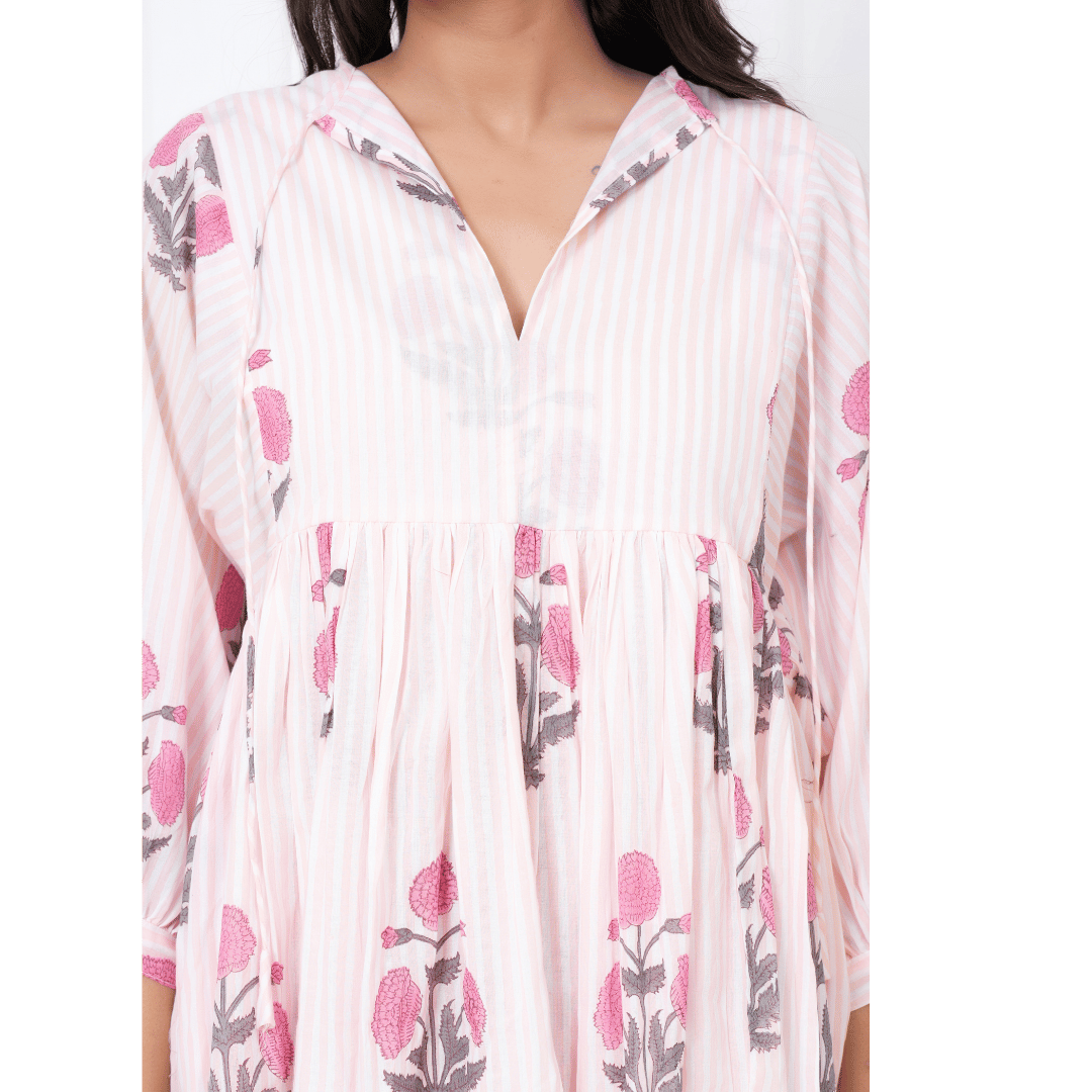 Pink White Stripe Hand-Block Print Cotton Mini Doi Dress