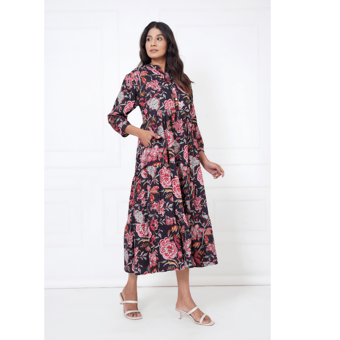 Floral Block Print Cotton Maxi Anokhi Dress