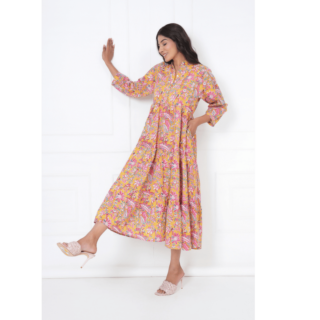 Yellow Floral Block Print Maxi Anokhi Dress