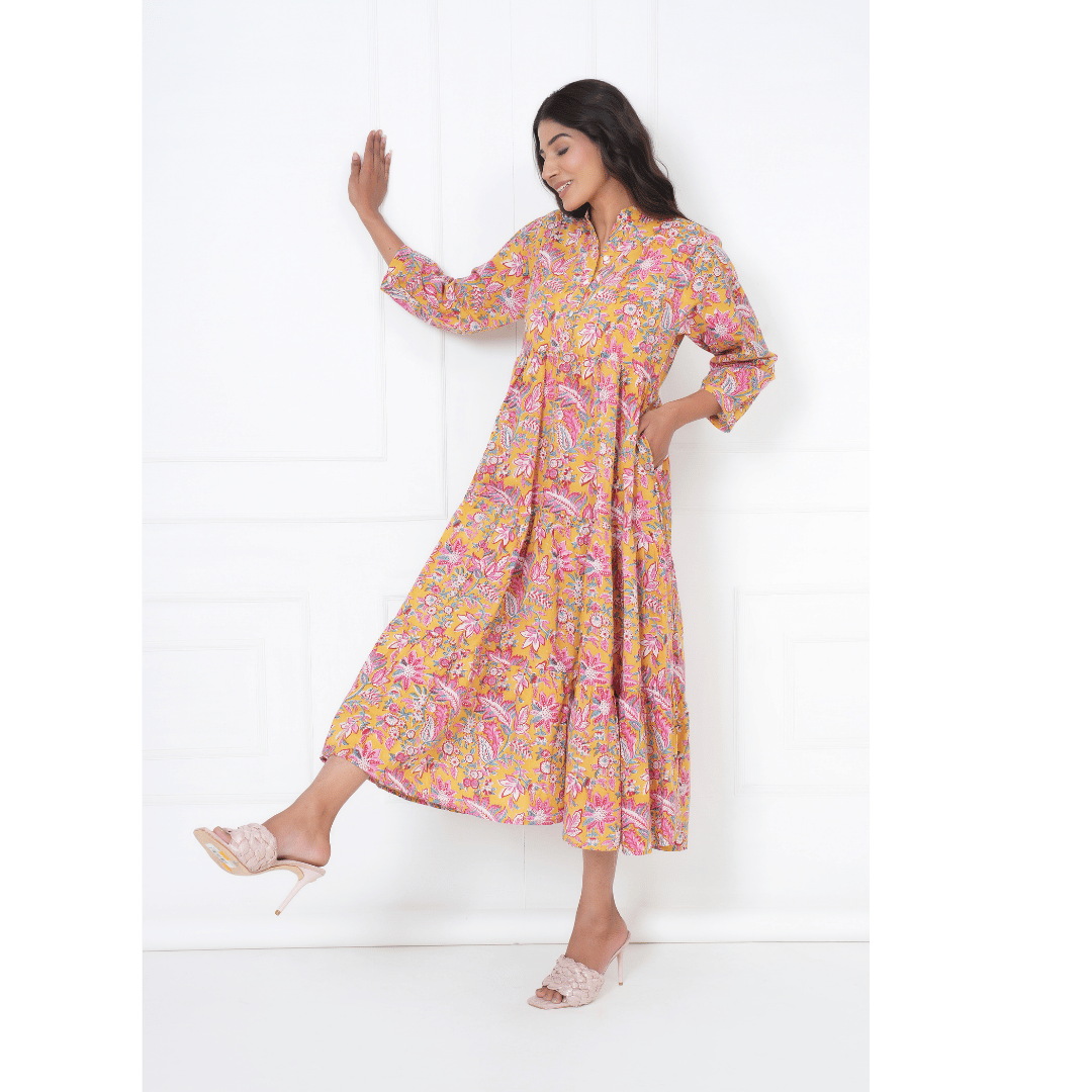 Yellow Floral Block Print Maxi Anokhi Dress