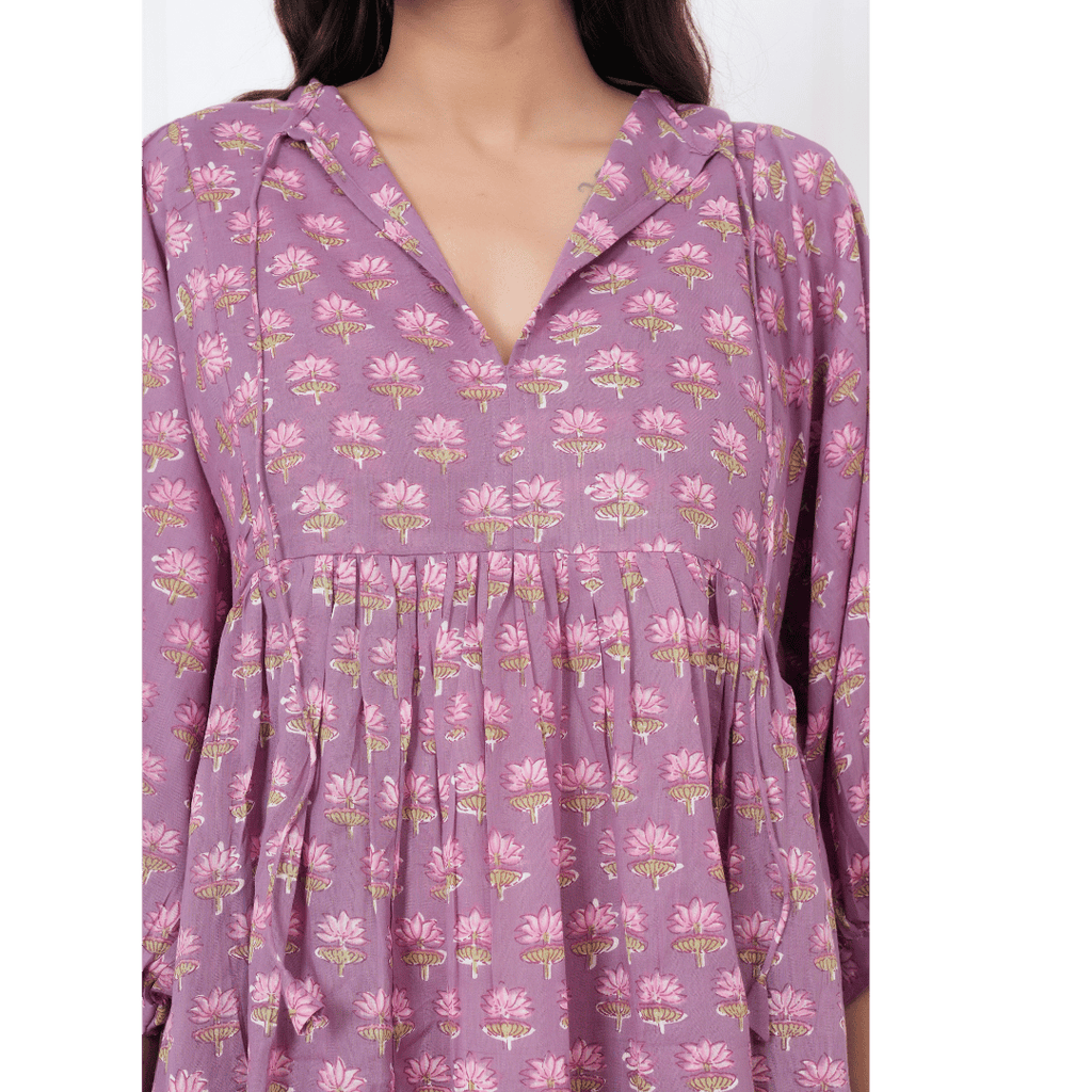 Lavender Hand-Block Print Cotton Mini Doi Dress