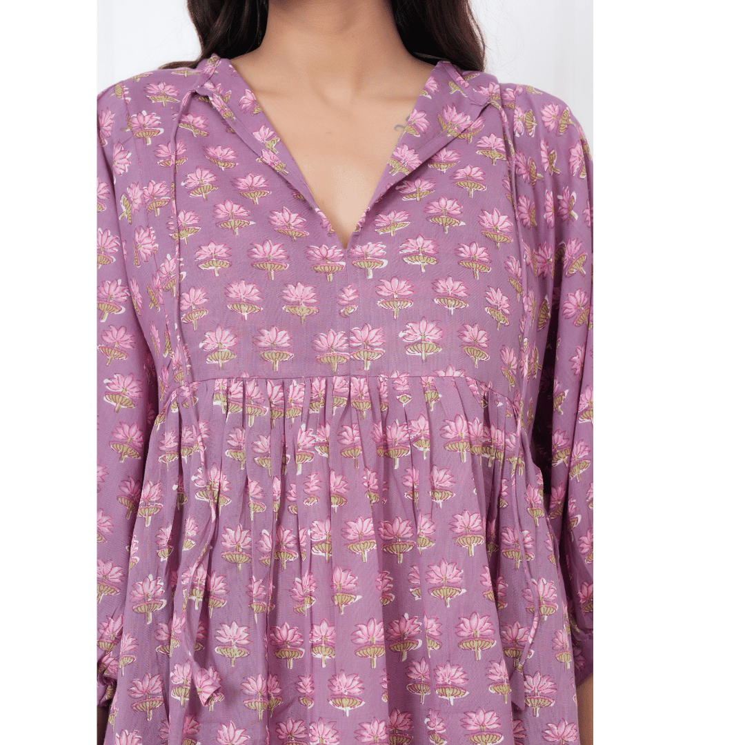 Lavender Hand-Block Print Cotton Mini Doi Dress