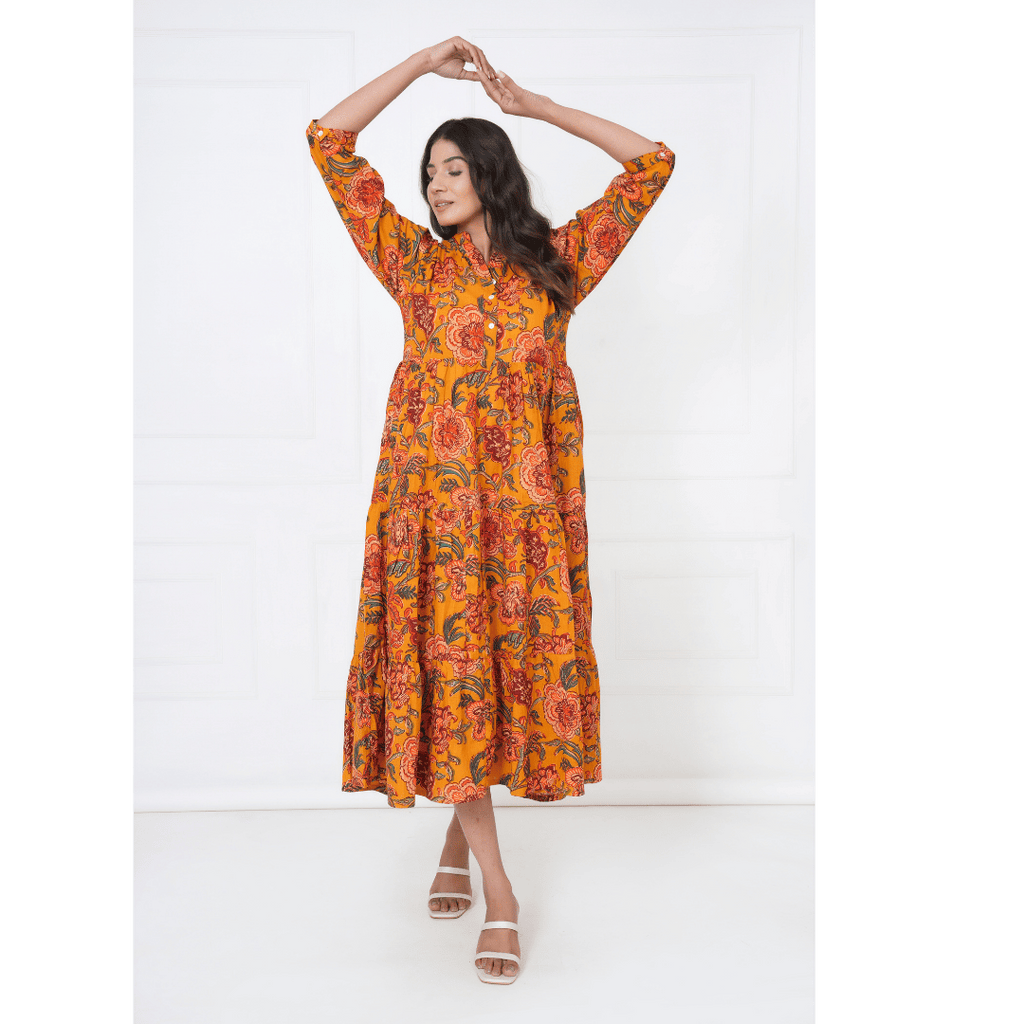 Mustard Floral Block Print Maxi Anokhi Dress