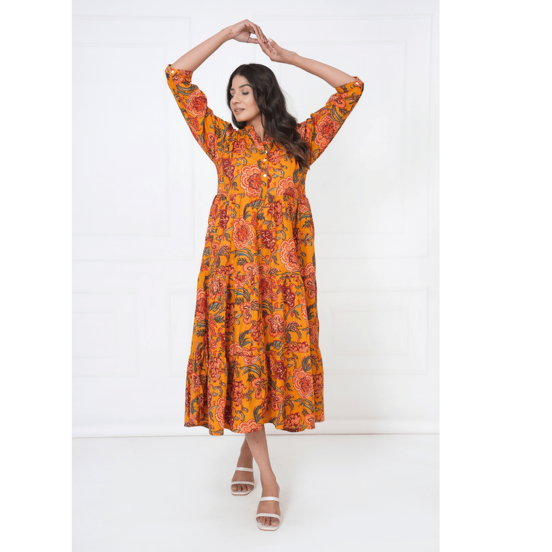 Mustard Floral Block Print Maxi Anokhi Dress