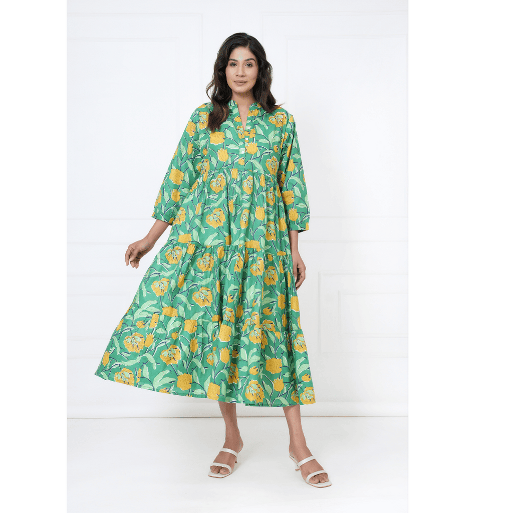 Aqua Garden Hand Block Print Maxi Anokhi Dress