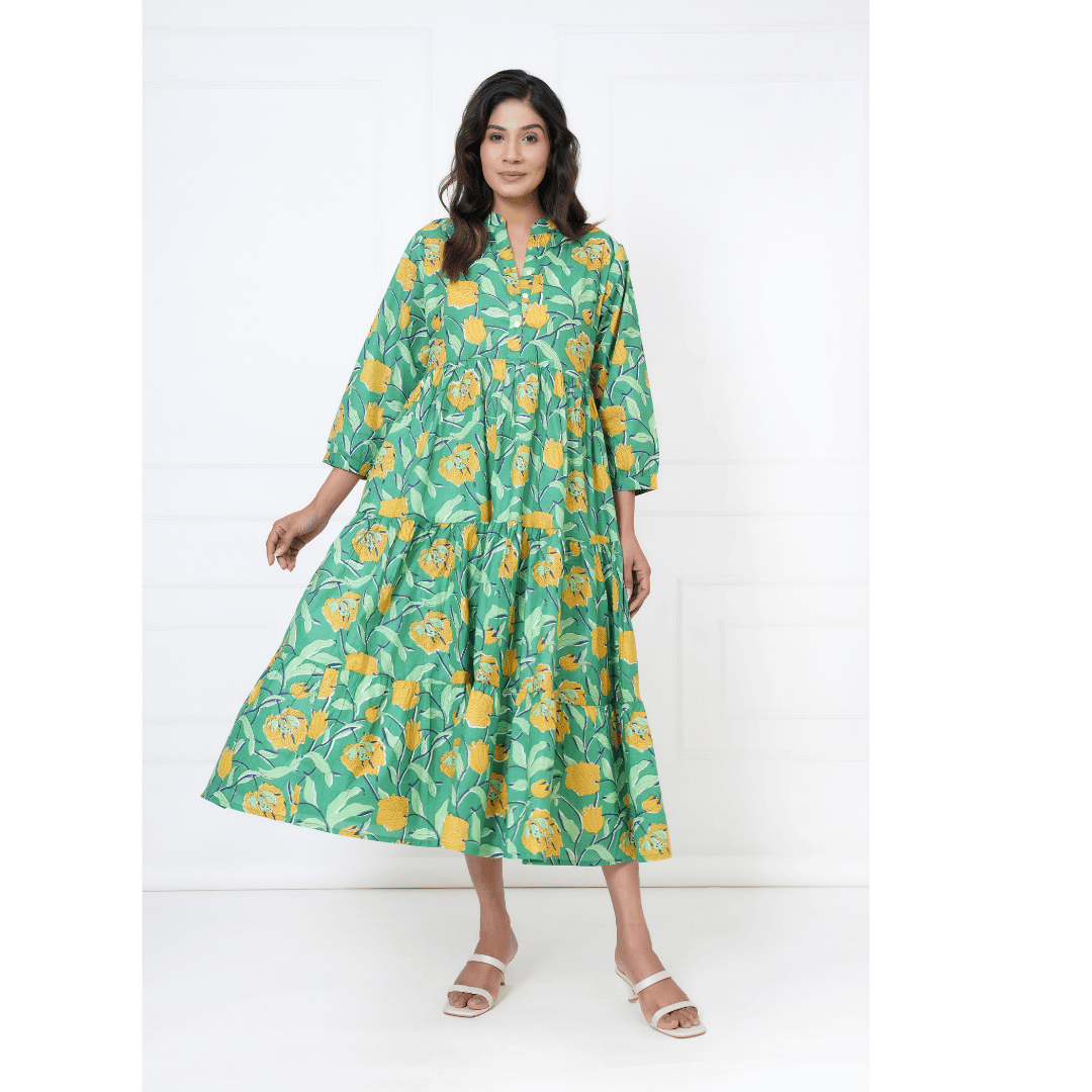 Aqua Garden Hand Block Print Maxi Anokhi Dress