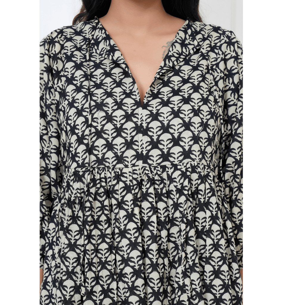 Black Hand-Block Print Cotton Mini Doi Dress