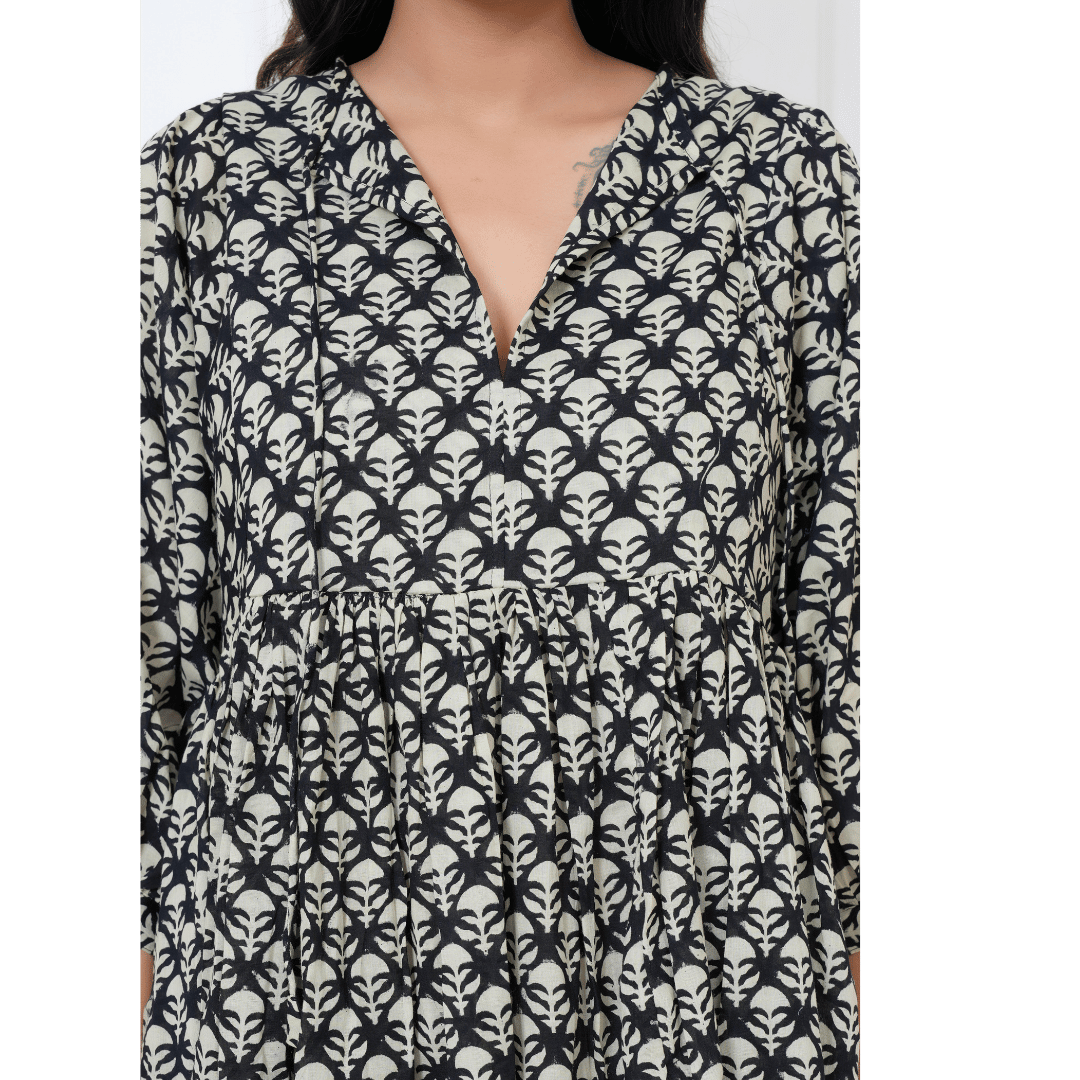Black Hand-Block Print Cotton Mini Doi Dress