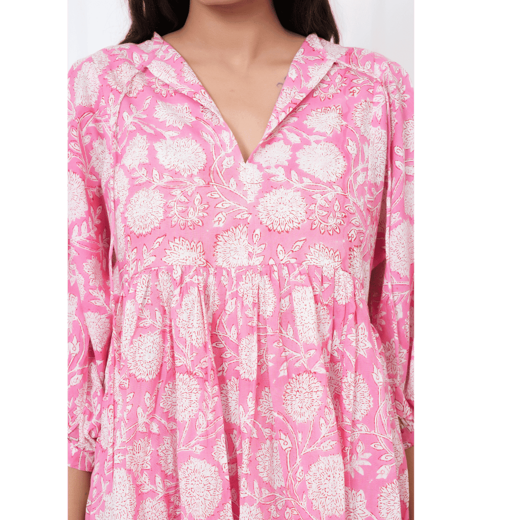 Pink Hand-Block Print Cotton Mini Doi Dress