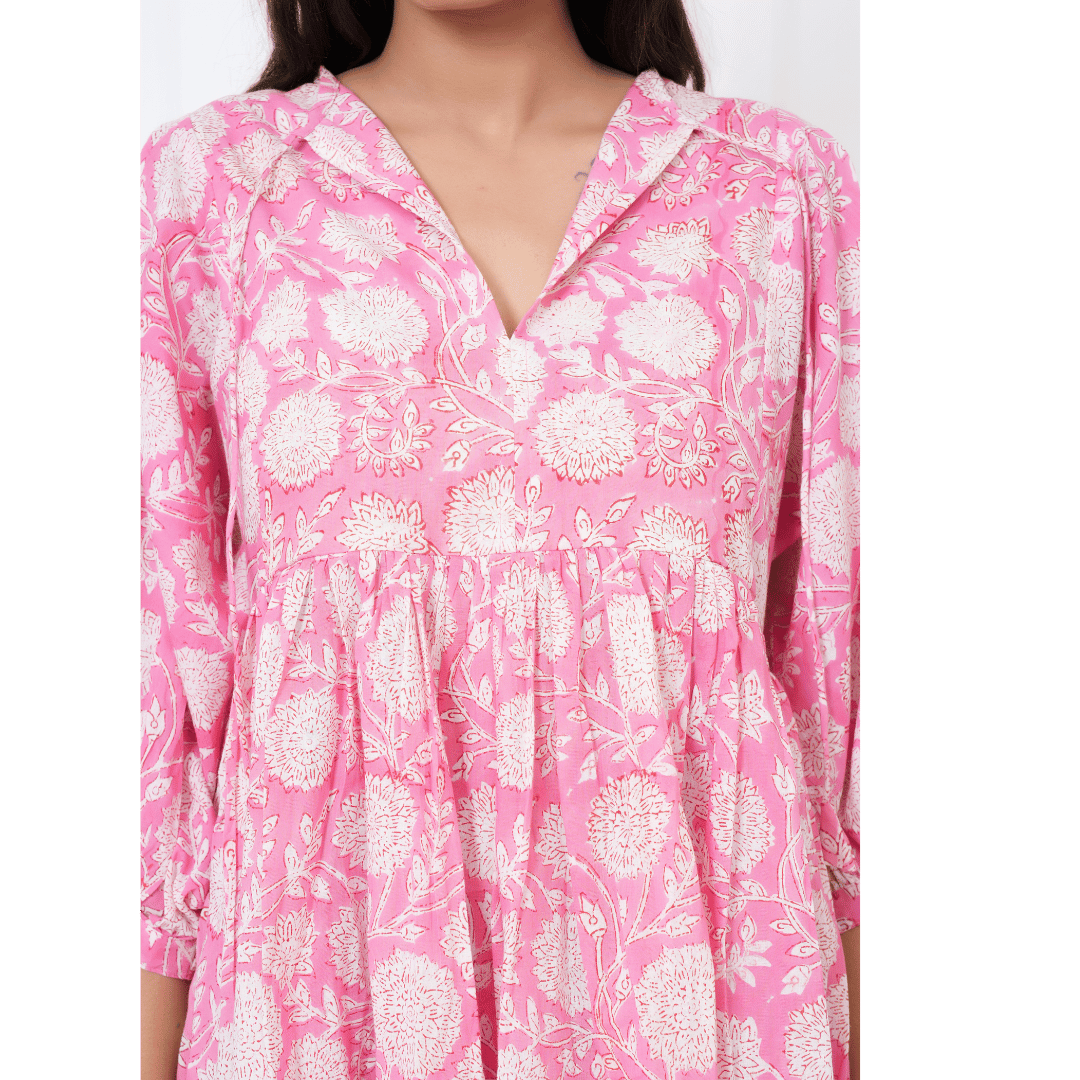 Pink Hand-Block Print Cotton Mini Doi Dress