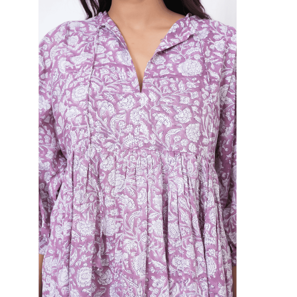 Purple Hand-Block Print Cotton Mini Doi Dress