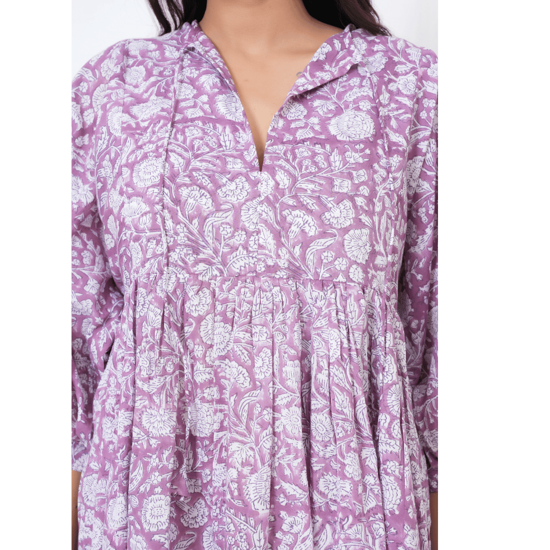 Purple Hand-Block Print Cotton Mini Doi Dress