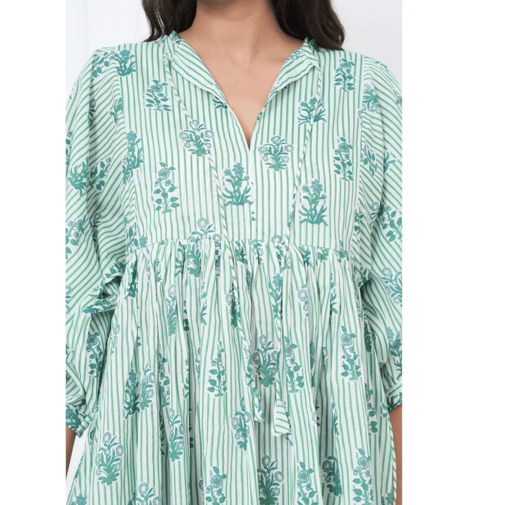 White Green Stripe Hand-Block Print Cotton Mini Doi Dress