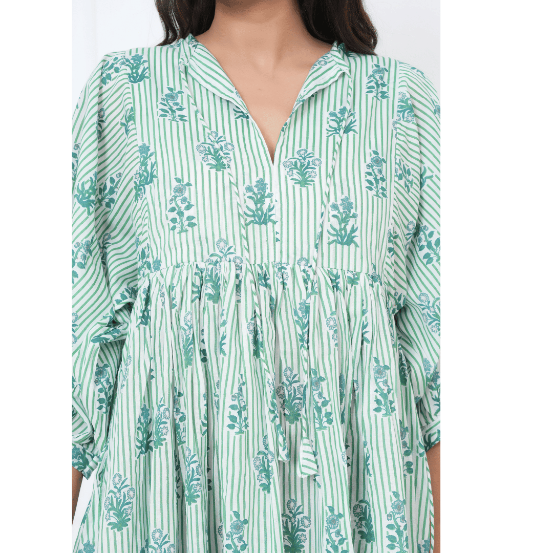 White Green Stripe Hand-Block Print Cotton Mini Doi Dress