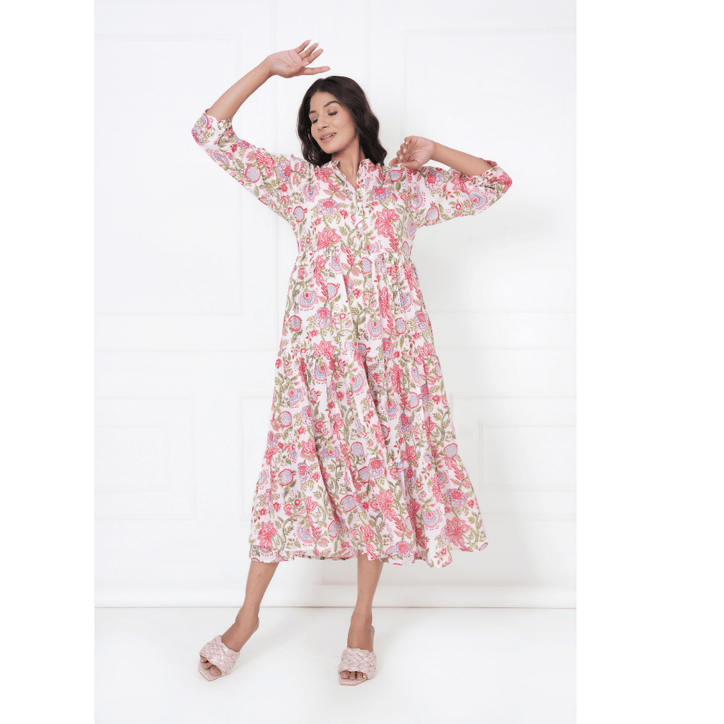 White Floral Block Print Maxi Anokhi Dress