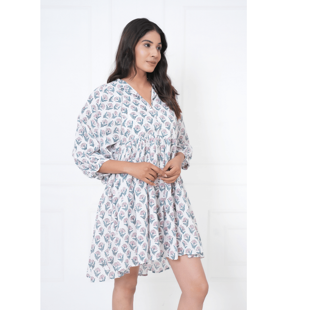 Floral Flowers Hand-Block Print Cotton Mini Doi Dress
