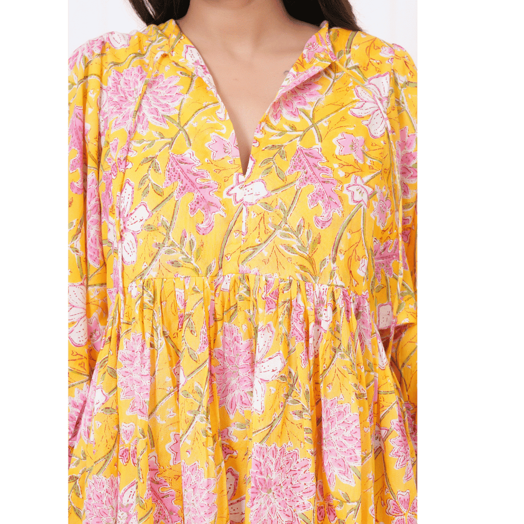 Mustard Hand-Block Print Cotton Mini Doi Dress