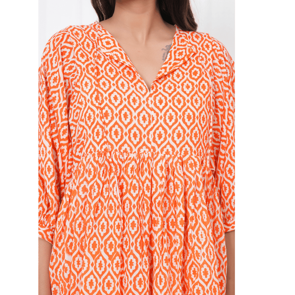 Orange Floral Hand-Block Print Cotton Mini Doi Dress