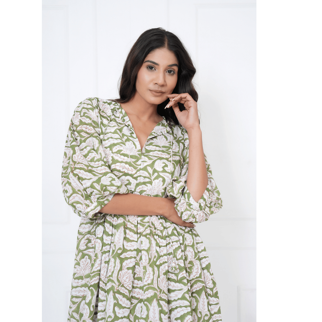 Green White Leaf Hand-Block Print Cotton Mini Doi Dress