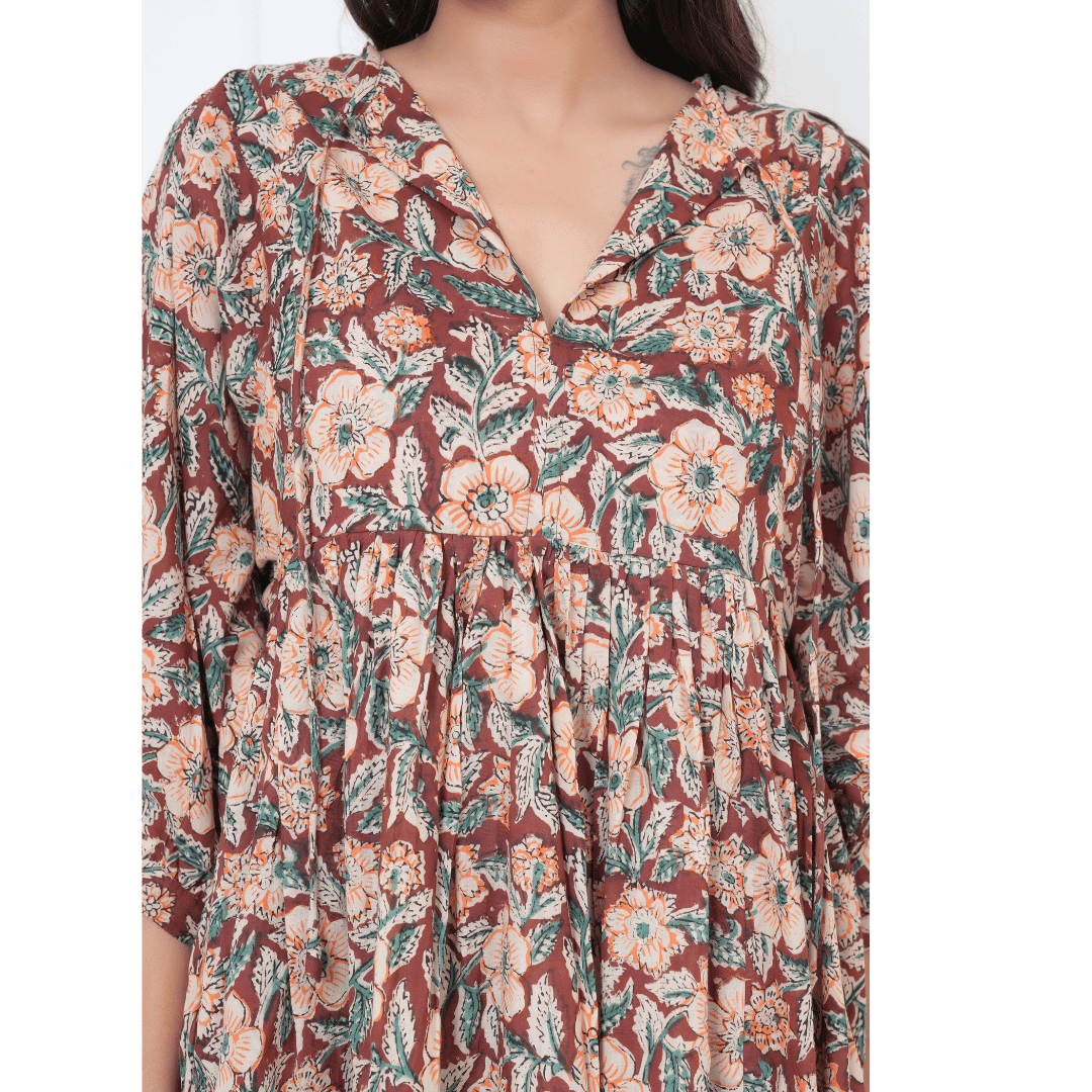 Kalamkari Hand-Block Print Cotton Mini Doi Dress