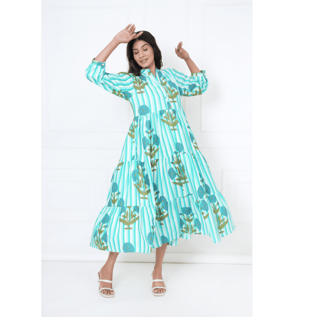 Turquoise Blue Print Maxi Anokhi Dress