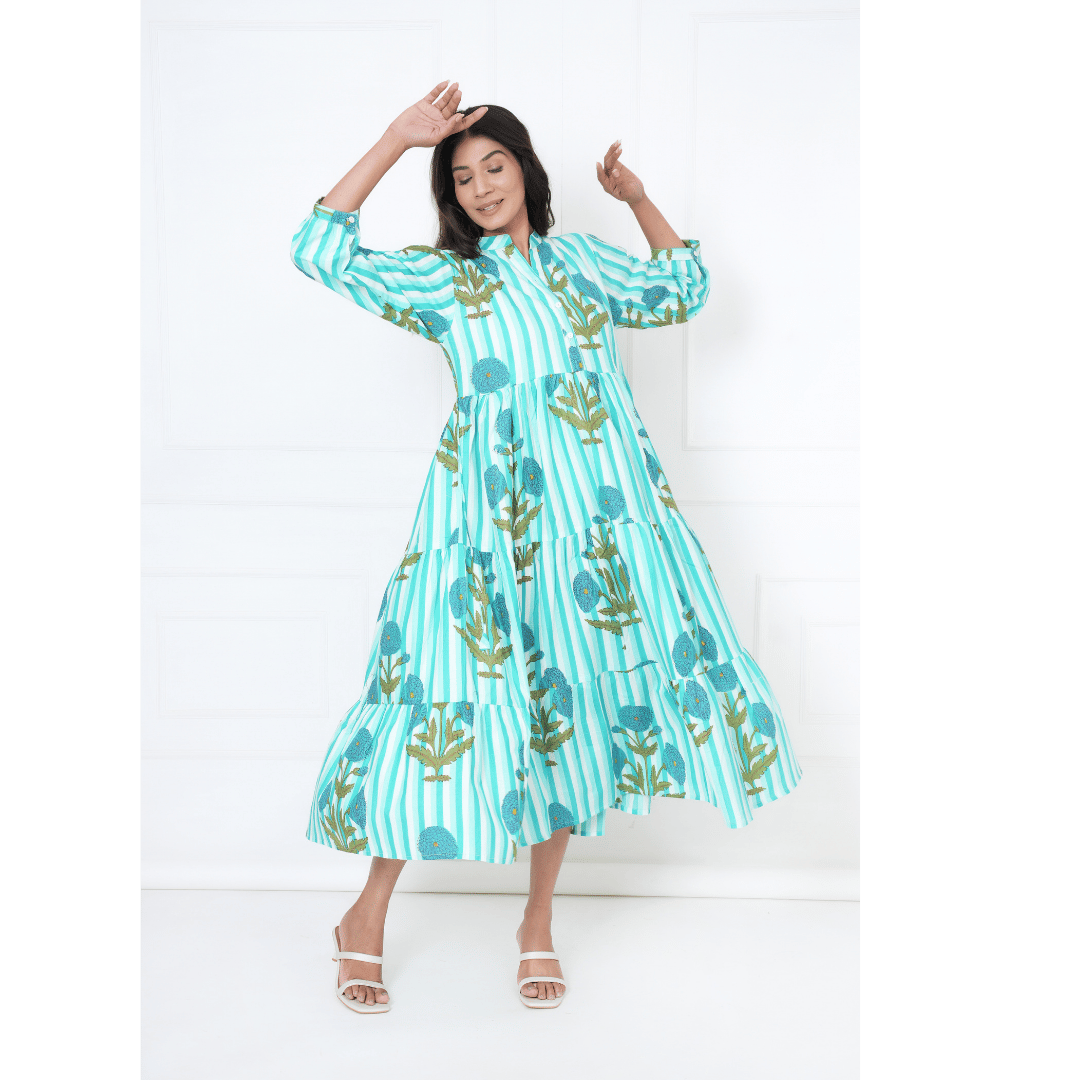 Turquoise Blue Print Maxi Anokhi Dress