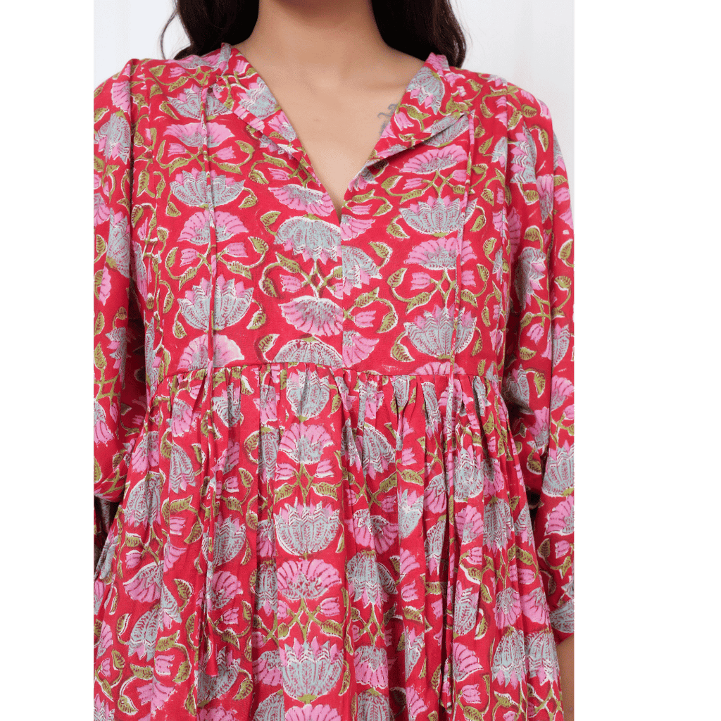 Red Floral Hand-Block Print Cotton Mini Doi Dress