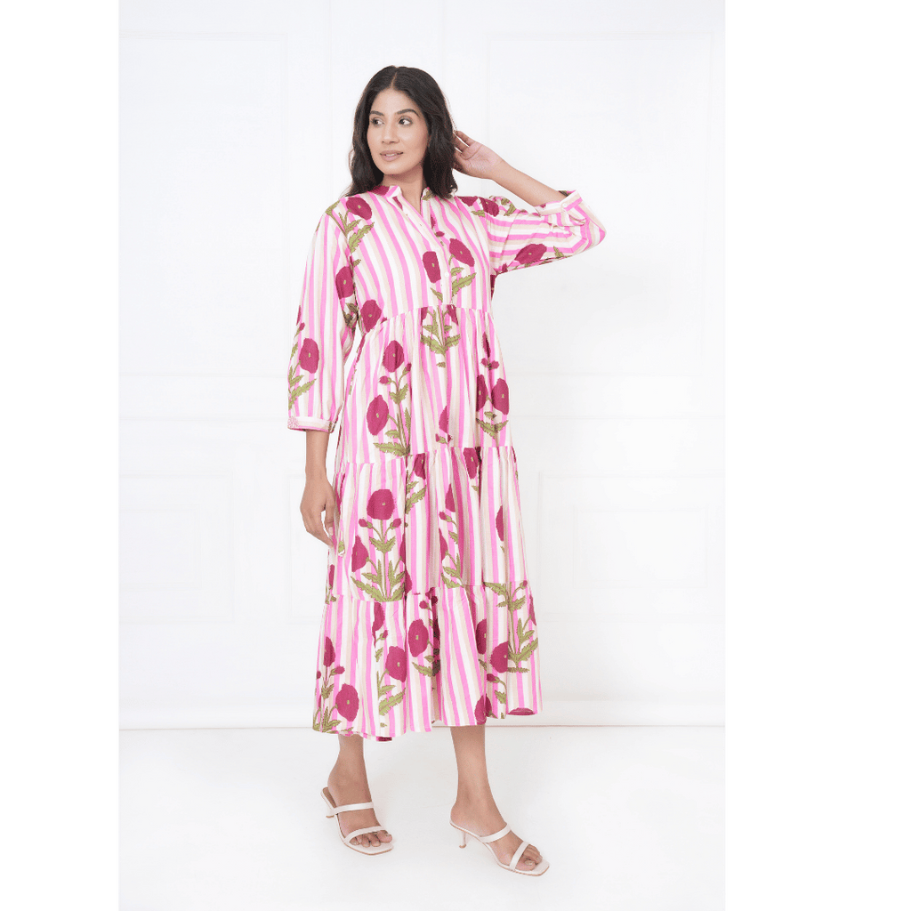 Pink White Stripe Print Maxi Anokhi Dress