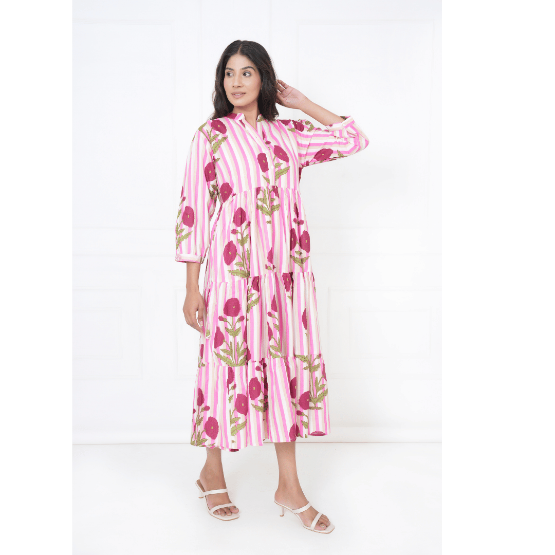 Pink White Stripe Print Maxi Anokhi Dress