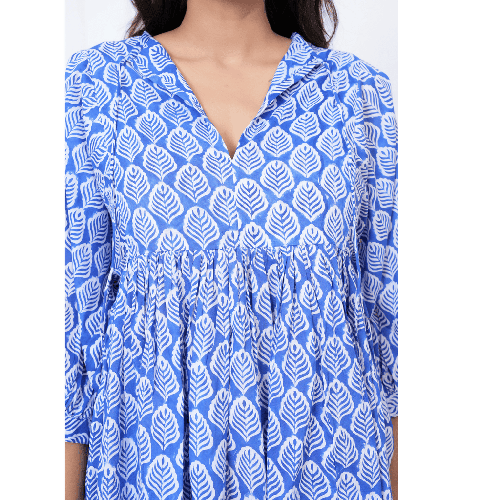 Indigo Bloom Hand-Block Printed Cotton Mini Doi Dress