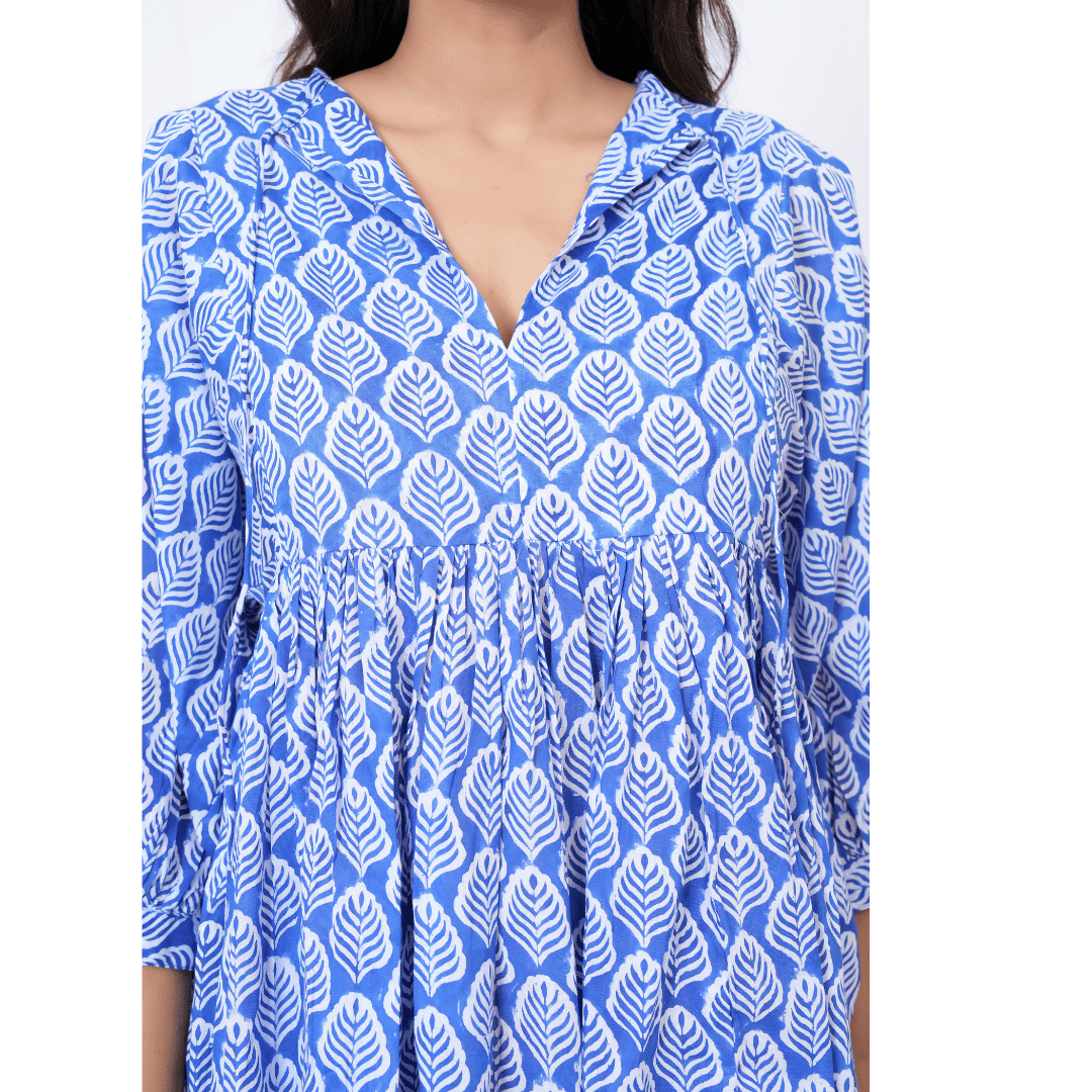 Indigo Bloom Hand-Block Printed Cotton Mini Doi Dress
