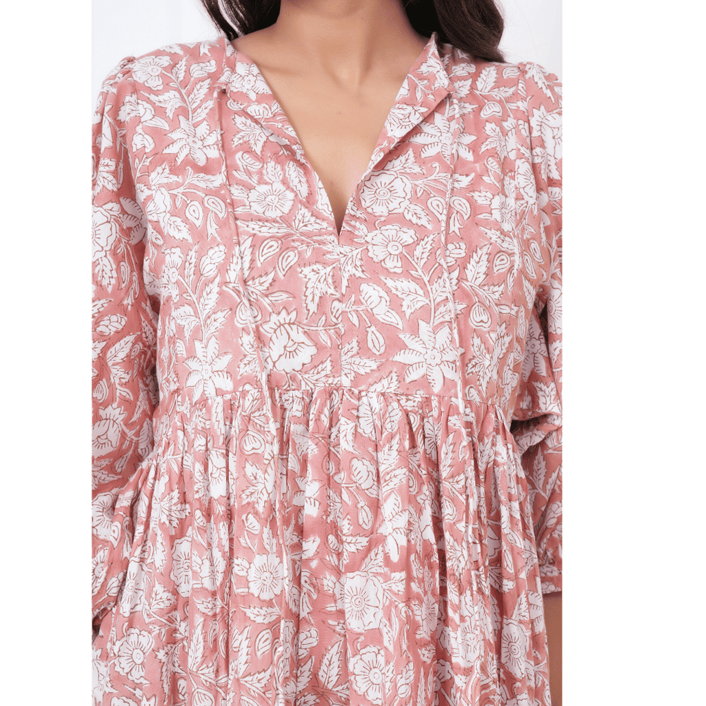 White Floral Hand-Block Print Cotton Mini Doi Dress