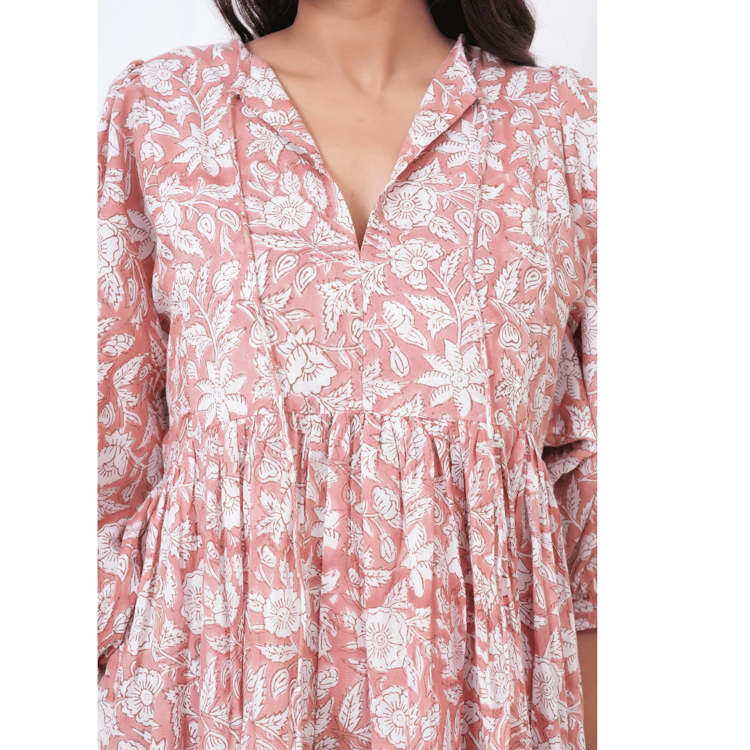 White Floral Hand-Block Print Cotton Mini Doi Dress