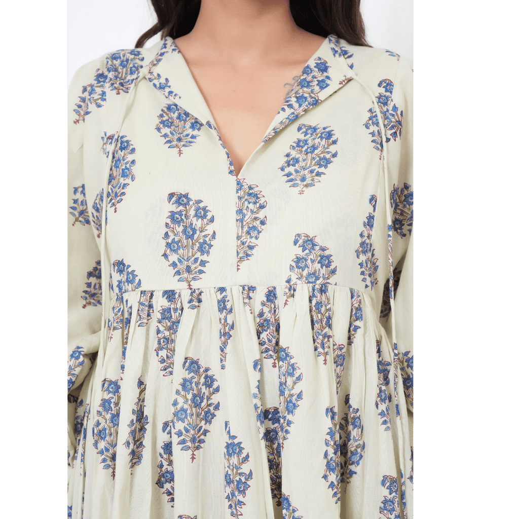 Floral And Leaf Hand-Block Print Cotton Mini Doi Dress
