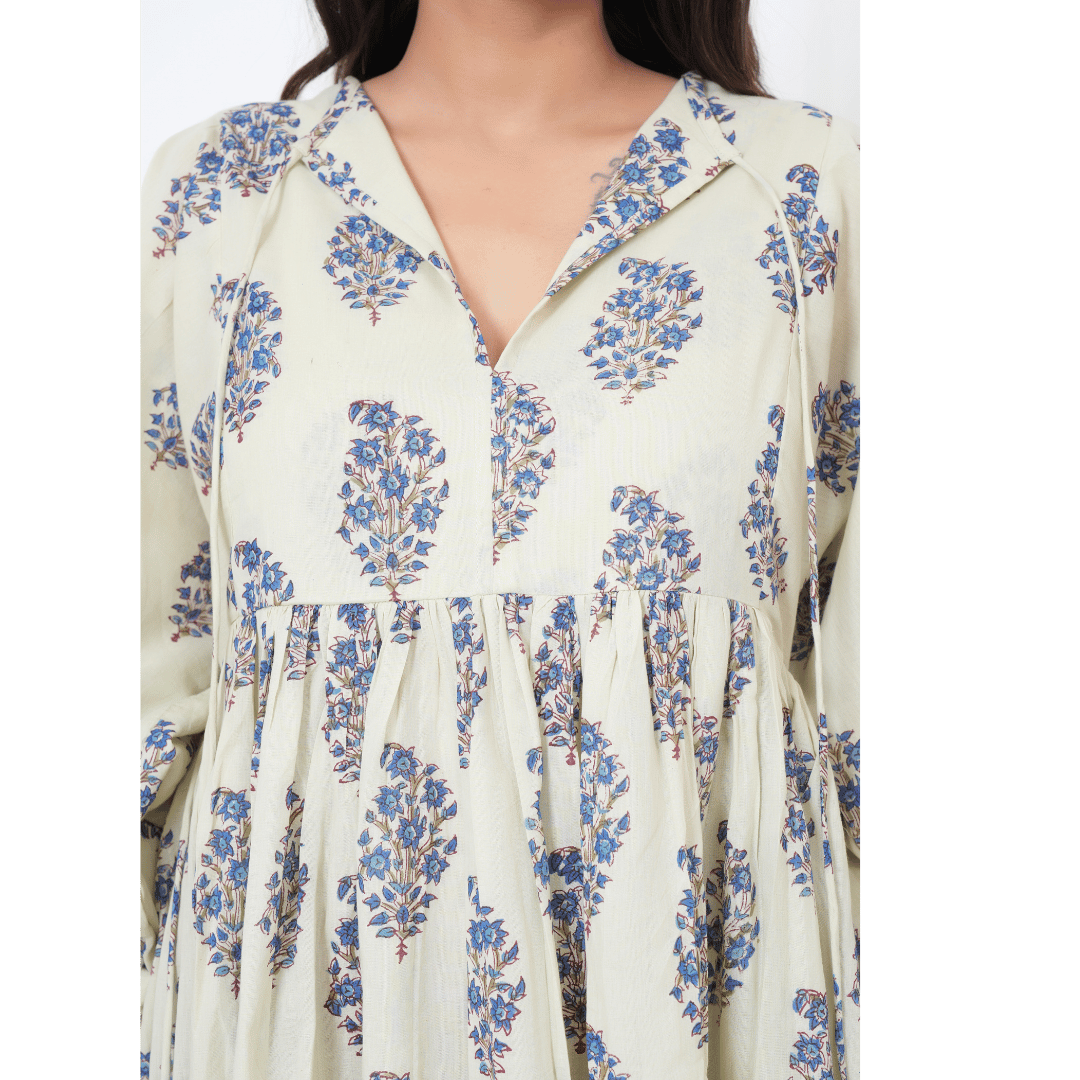 Floral And Leaf Hand-Block Print Cotton Mini Doi Dress