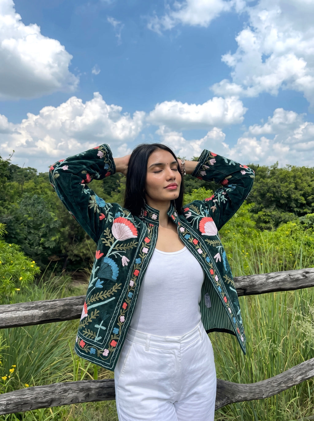 Dark Green Botanical Embroidered Velvet Jacket
