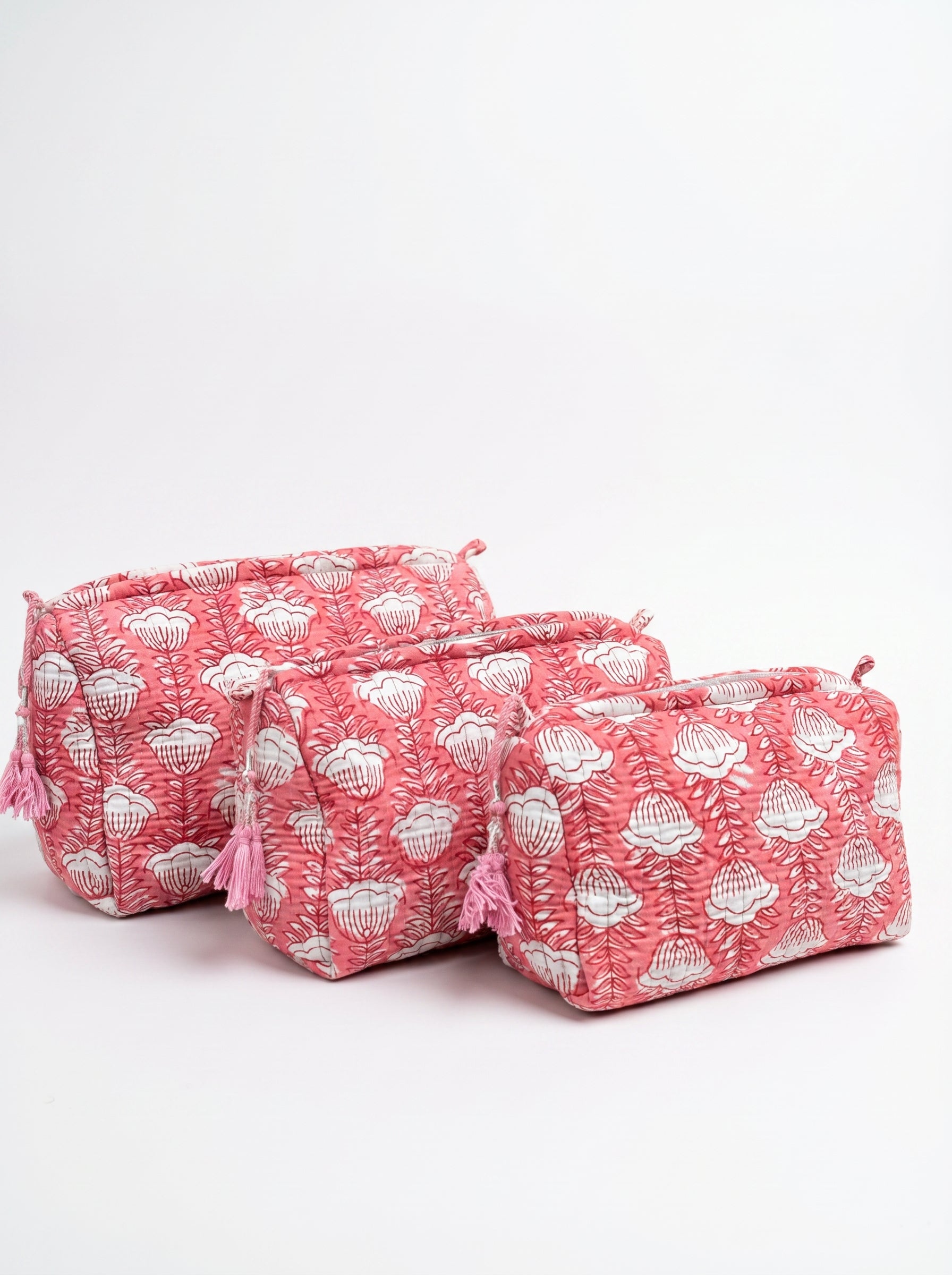Soft Rose Floral Quilted Pouch Set (Set of 3)