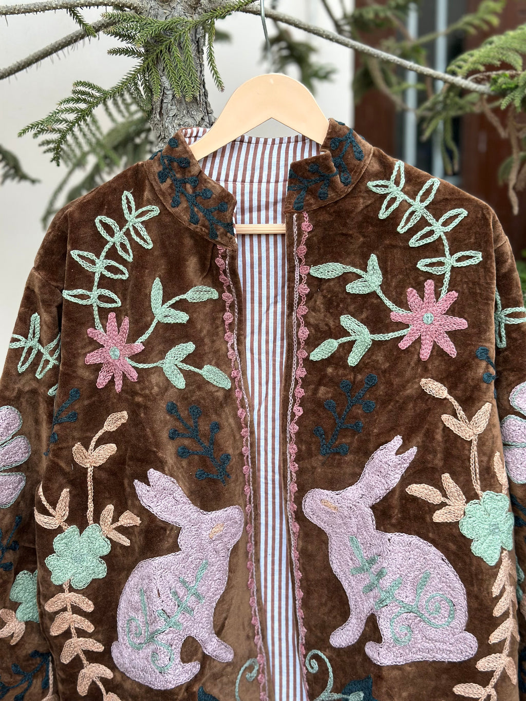 Chocolate Brown Velvet Jacket with Bunny Embroidery