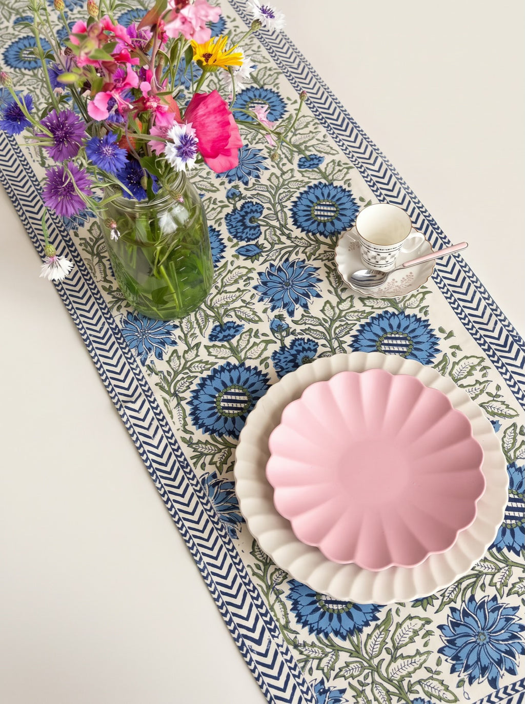 Blue Floral Hand Block Print Table Runner