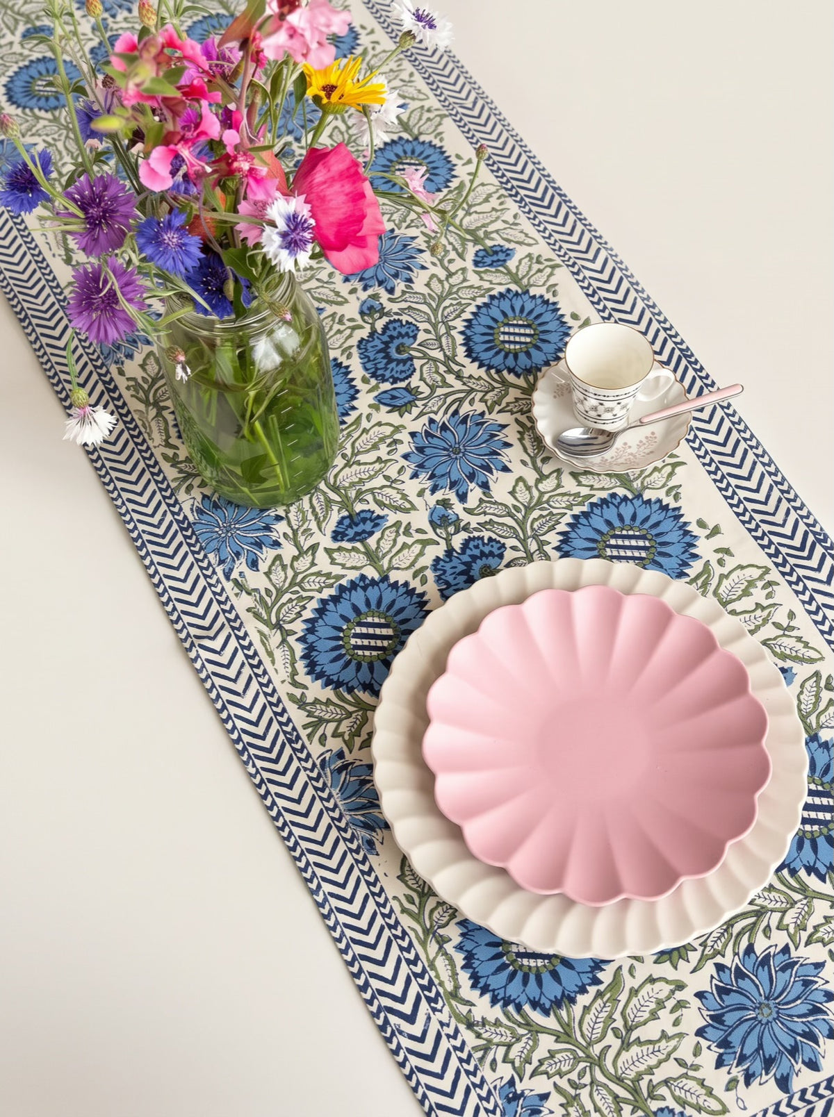 Blue Floral Hand Block Print Table Runner
