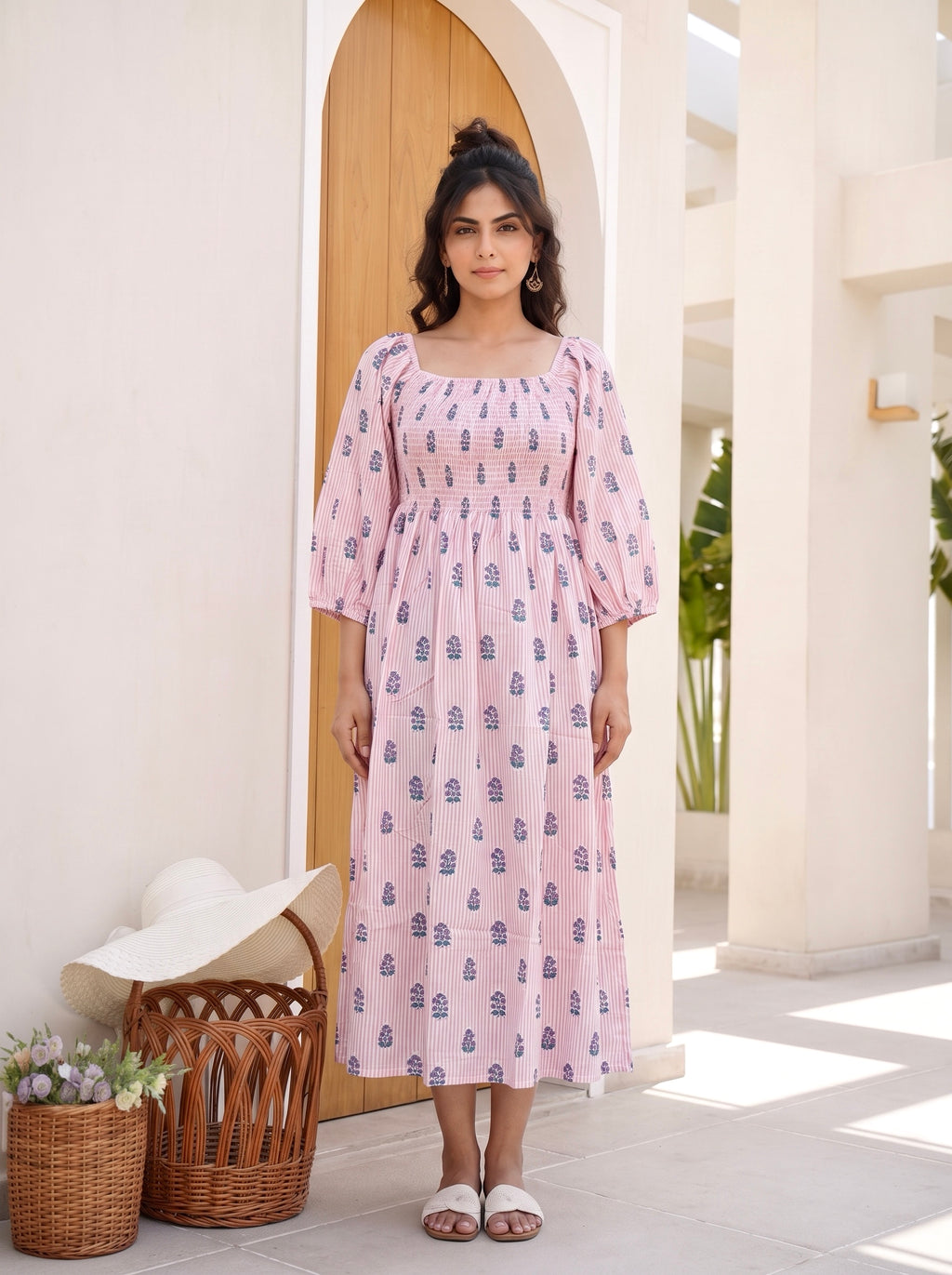 Rosewater Stripe Smocked Midi Dress
