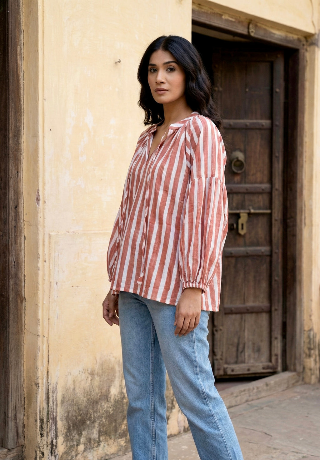 Rust Pink Striped Cotton V-Neck Top with Balloon Sleeves