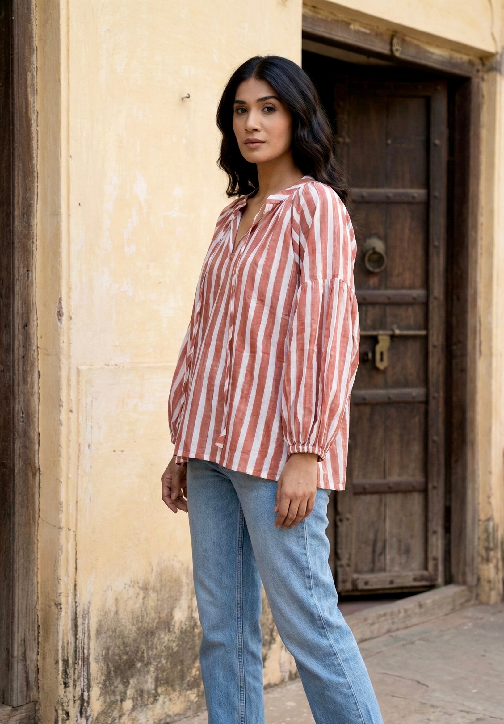 Rust Pink Striped Cotton V-Neck Top with Balloon Sleeves