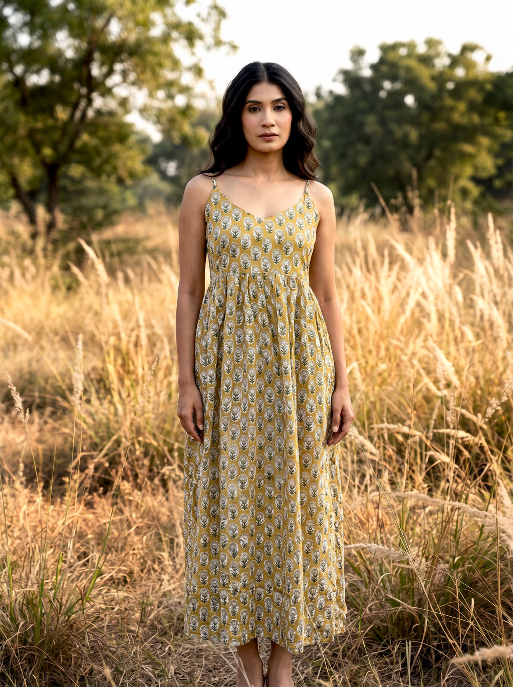 Mustard Floral Cotton Maxi Dress