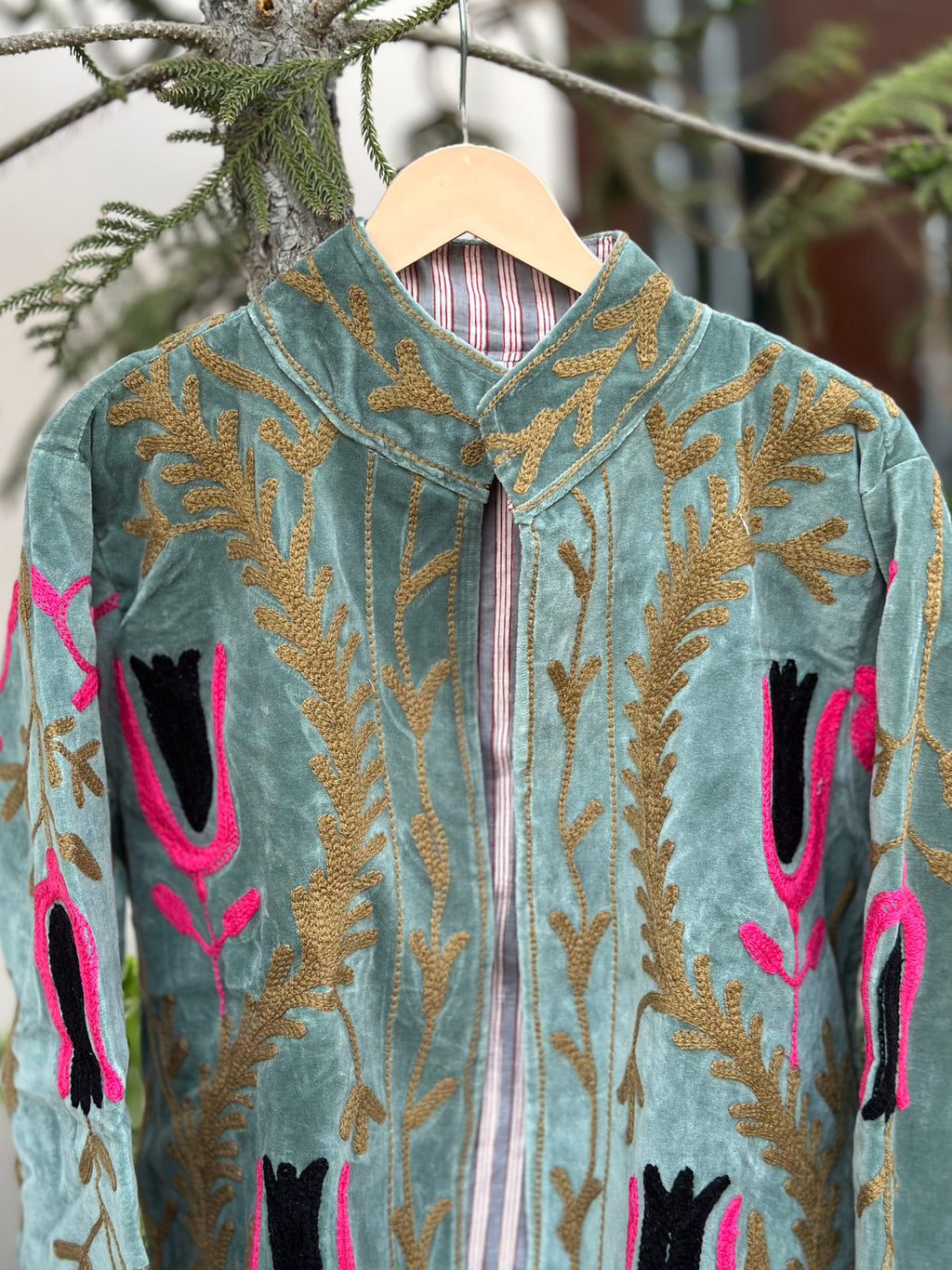 Green Velvet Jacket with Pink and Black Tulip Embroidery