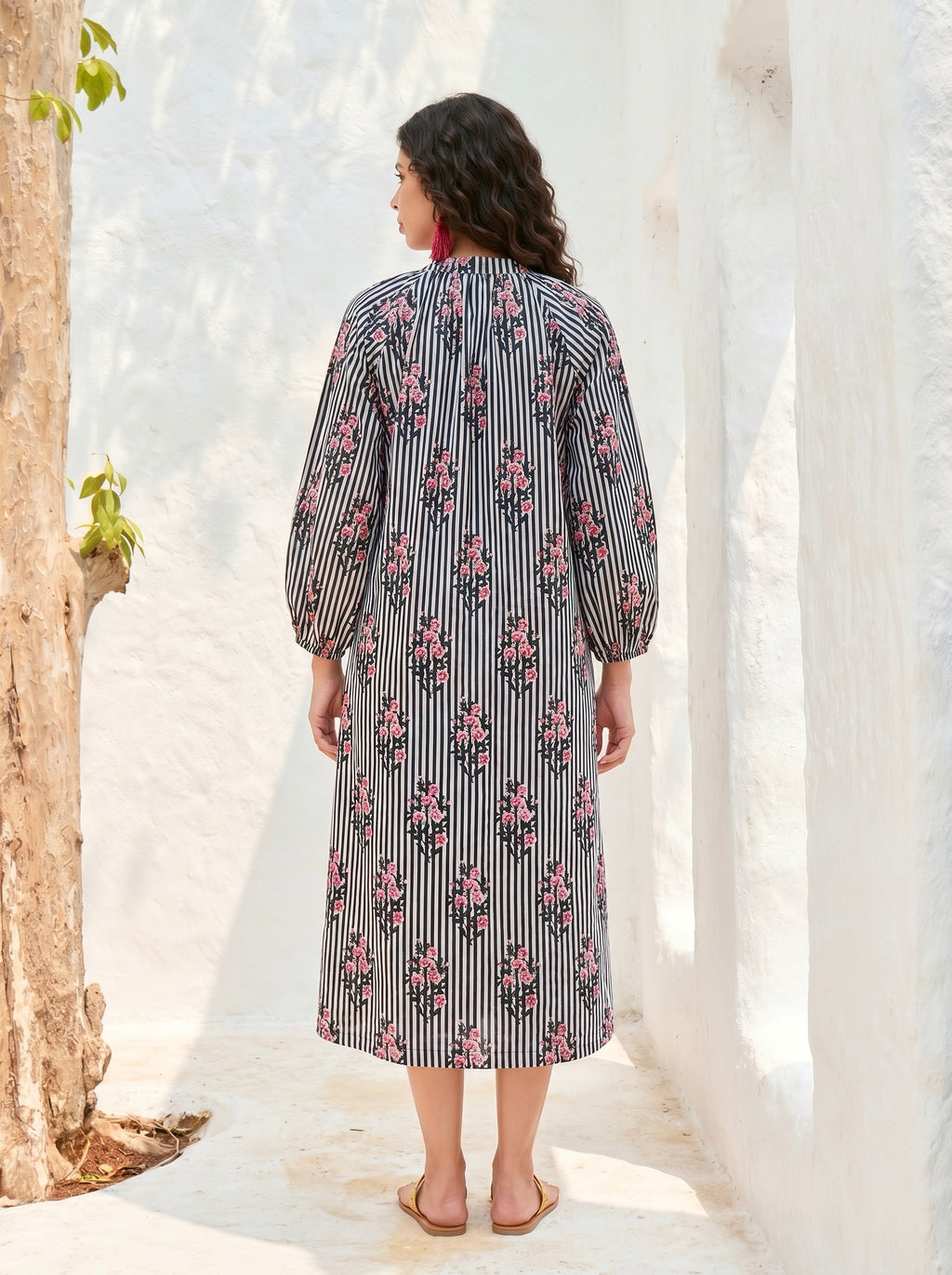 Midnight Blossom Stripe Cotton Dress