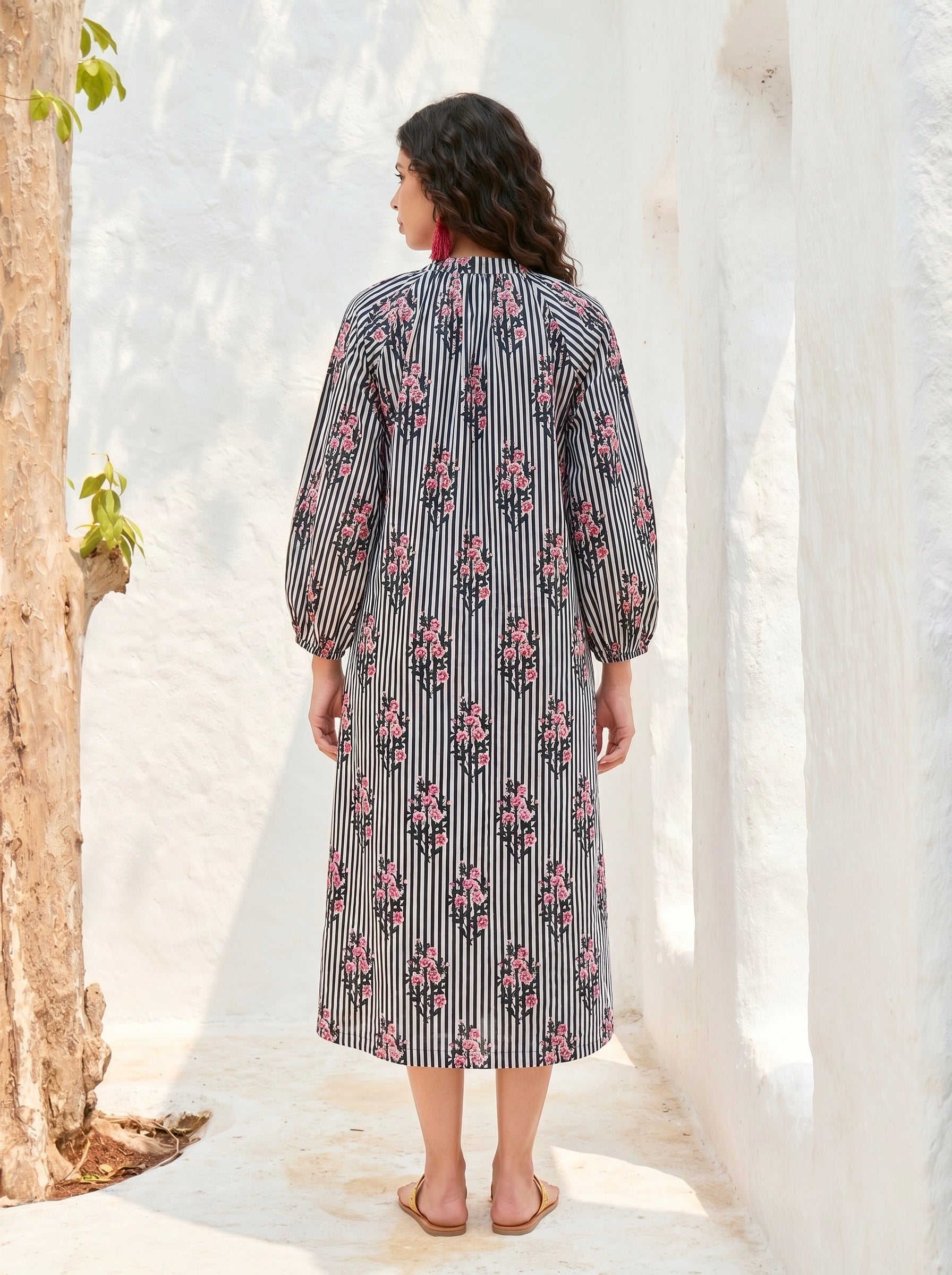 Midnight Blossom Stripe Cotton Dress