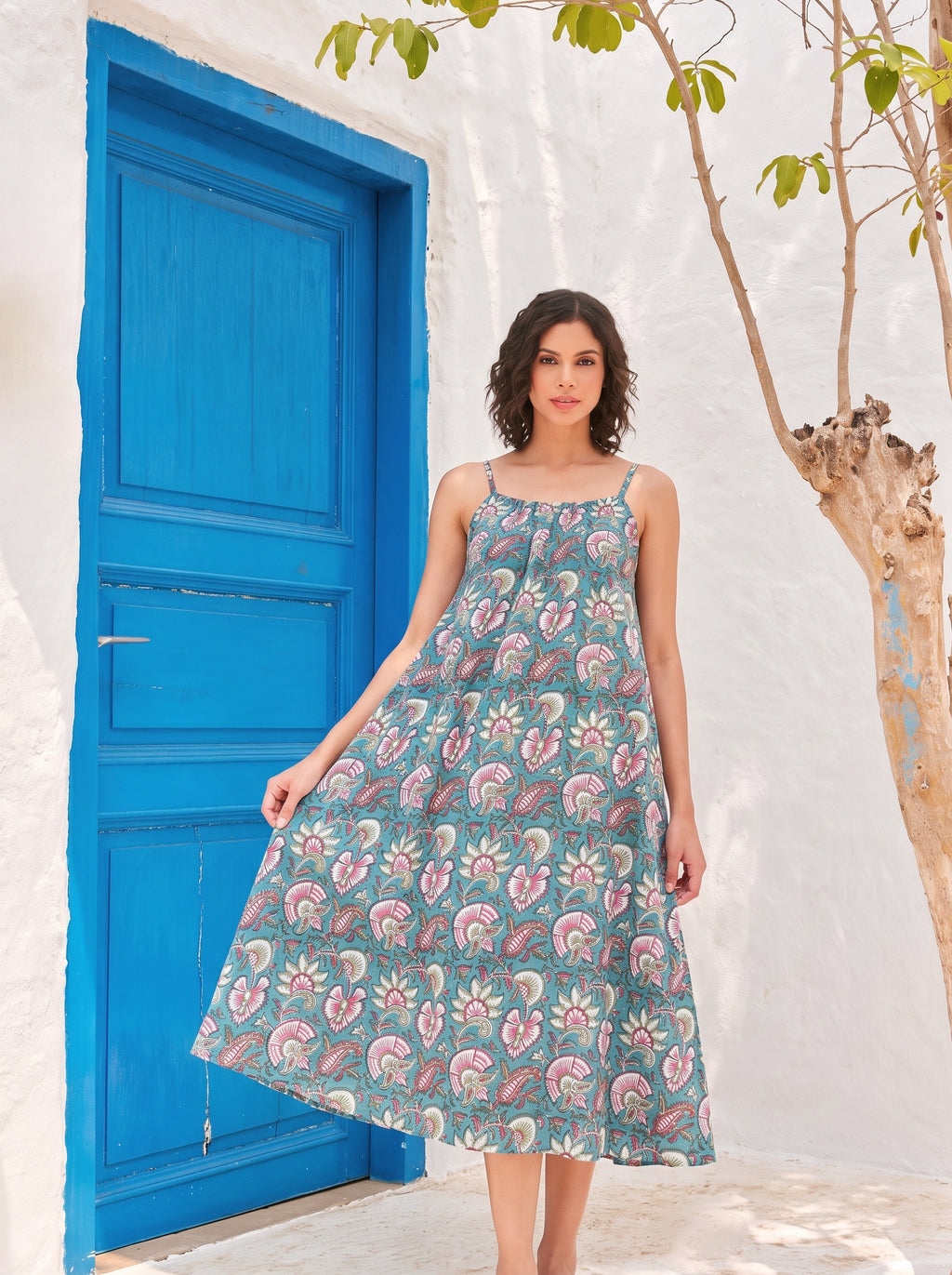 Teal Floral Cotton Halter Midi Dress