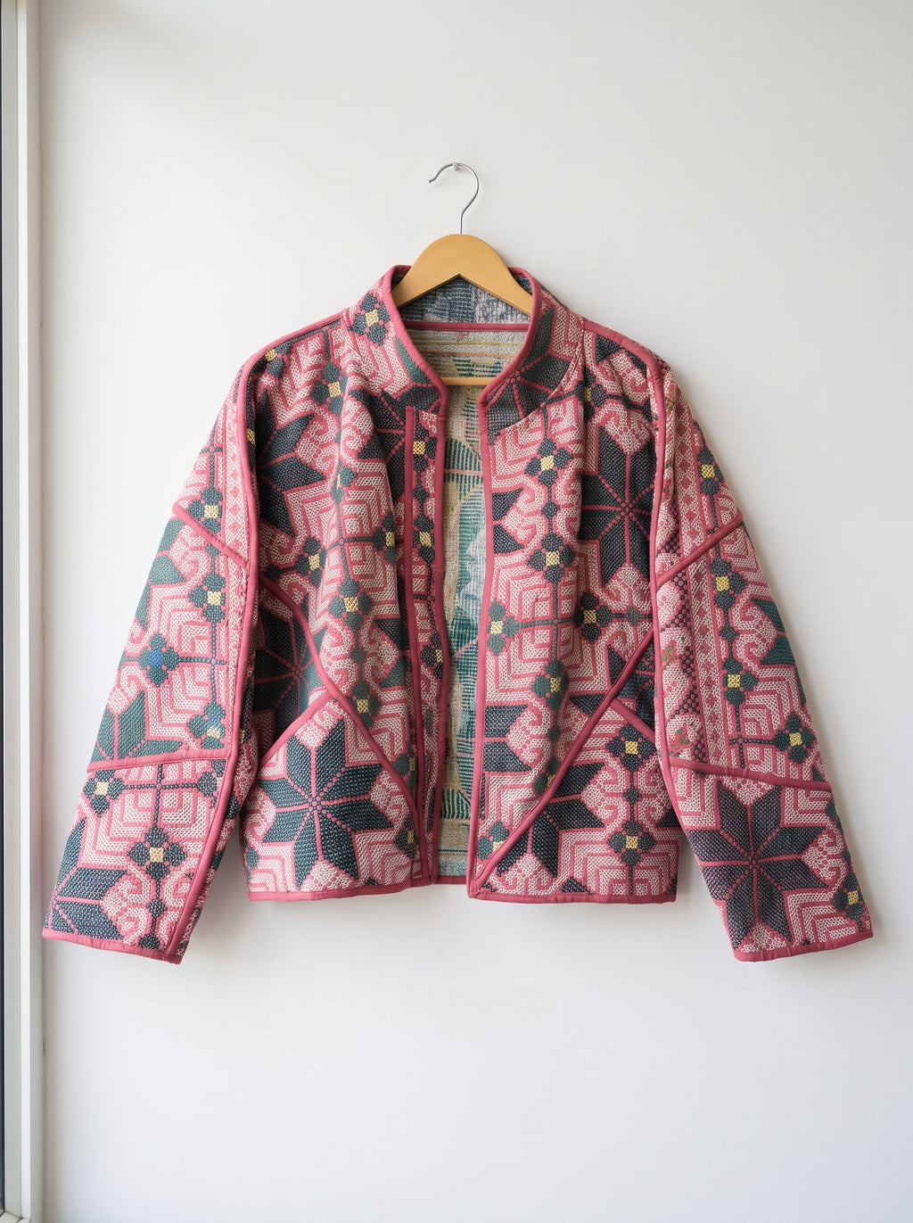Vintage Rose Mosaic Kantha Bomber Jacket